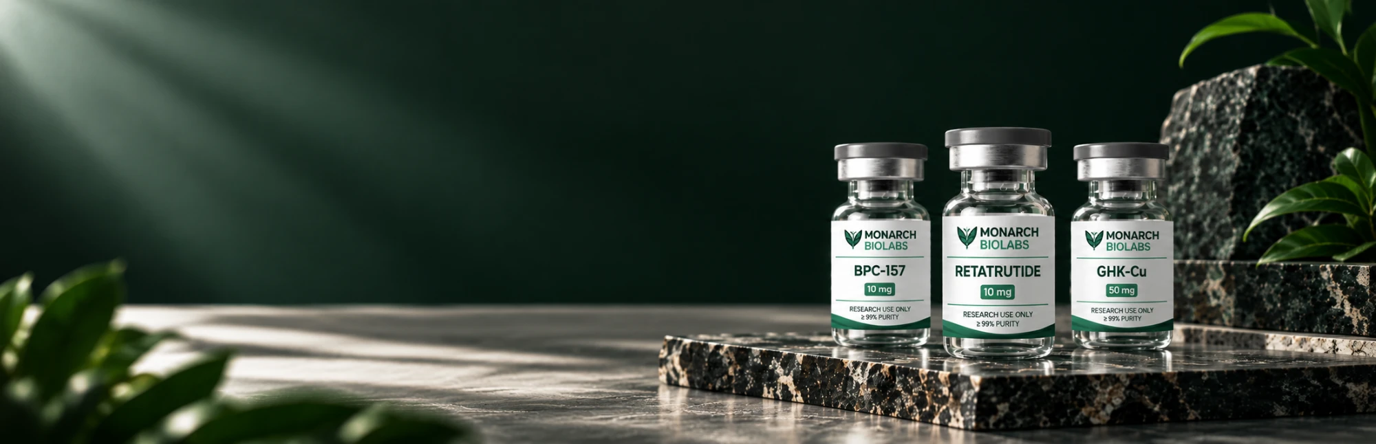 Monarch BioLabs BPC-157, Retatrutide and GHK-Cu vials